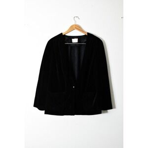 Lady Devon Velvet Blazer Women 40 Black Vintage 80s Collarless Pocket Jacket